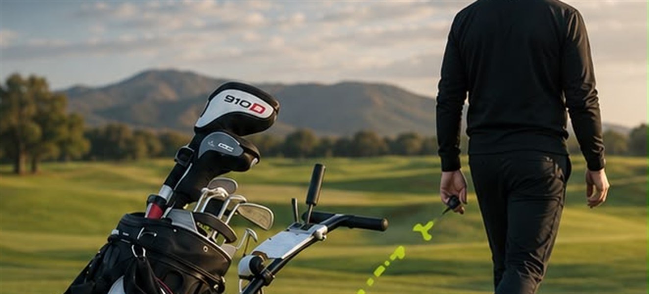 Electric golf trolley on a fairway with the golfer walking ahead
