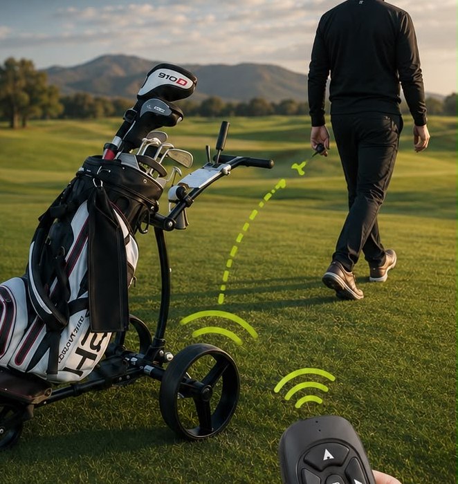 A CADDYON electric golf trolley following a golfer across the fairway, controlled by a handheld remote